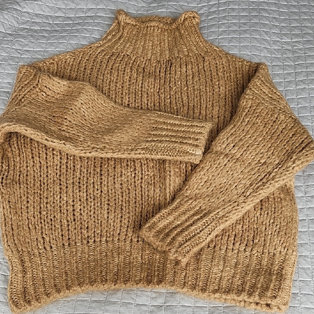 FRNCH Chunky Knit Tan Turtleneck Sweater